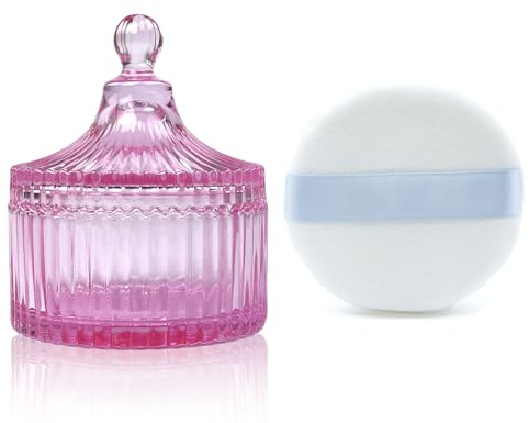 Puderquaste und Behälter, ultraweich, 8,4 cm, hochdichter Samt, waschbar, wiederverwendbar, Puderquaste und Glasbehälter, lose Puderbox mit Quaste für Gesichts-Makeup, Rosa