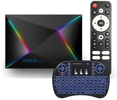 CHROX Android TV Box 14.0, R69 PLUS TV Box 4K/8K 4GB RAM 64GB ROM, Android Box Wifi 6 with S905X4 CPU 3D 2.4G/5G Wifi BT 5.0 USB 3.0 with Mini Wireless Keyboard,2GB+16GB