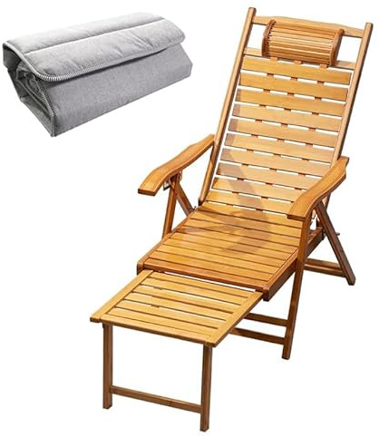 AIOJXHY Klappbarer Liegestuhl, 5-Fach verstellbare Sonnenliege Gartenliege, Holz-Deckchair, Relaxsessel mit Fußstütze für Garten, Terrasse und Balkon, mit Kissen