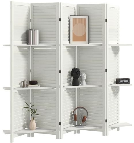 HOMCOM Room Divider, 5 Panel 67 Tall Wood Privacy Screen with 3 Display Shelves, and Folding Storage for Bedroom or Home Office, White