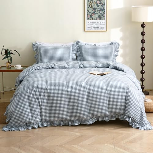 Silnuo Light Blue/White Plaid Ruffle Duvet Cover Queen Size,100% Washed Cotton 3 Pieces Shabby Checkered Chic Gingham Bedding Set Comforter Cover Set