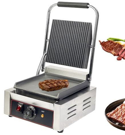 Parrilla eléctrica Individual para sándwiches, Ajustable Entre 50 y 300 ℃, para Hacer sándwiches y prensar Pan, Plancha eléctrica para Carnes a la Parrilla, Hamburguesas y Verduras(Liso)