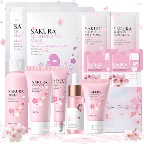 Set de Cuidado Facial Sakura 11 Piezas, Cuidado Facial Mujer con Tónico, Limpiador Facial, Serum Ojos, Serum Facial, Crema Cara, Mascarilla Facial Nocturna, Mascarilla Arcilla