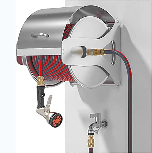 Stainless Steel Garden Hose Reel - Wall/Floor Mountable Retractable Holder for Plant Watering, Car Wash, and Floor Cleaning.