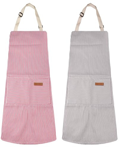 2 Stück Küchenschürze Damen Verstellbare Küchenschürze mit 2 Taschen zum Kochen, Schürze Aus Baumwolle und Leinen, Maschinenwaschbar, Farbecht Schürze zum Kochen, Malen, Backen, Hausarbeiten