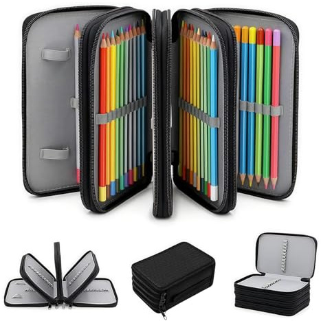 Kozdtiz Federmäppchen Große Kapazität 72 Slots Federmappe, Portable Mäppchen mit Tragegriff und 4 Fach Federmäppchen für Jungen Mädchen Studenten Schulmaterial 20 x 12.5 x 8.3 cm Schwarz