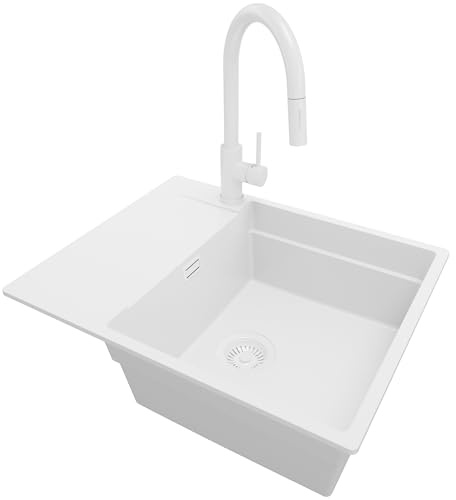 PRIMAGRAN Evier Cuisine en Granit Tout Blanc 62x50cm, Lavabo 1 bac + Robinet 40x20cm + Kit de Vidage, Évier à Encastrer au Meuble 50cm - San Francisco S100