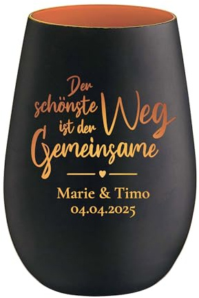Casa Vivente Glas Windlicht zur Hochzeit, Kerzenhalter mit Gravur Gemeinsamer Weg, Personalisiertes Teelicht in Schwarzbronze fürs Brautpaar, Hochzeitskerze, Kerzen Windlicht zum Jahrestag