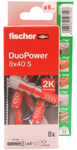 fischer - Duopower 8 x 40 con vite - 8U, tasselli da parete multimateriale, servono per appendere biciclette, quadri, armadi, supporti TV, scaffali, mobili.
