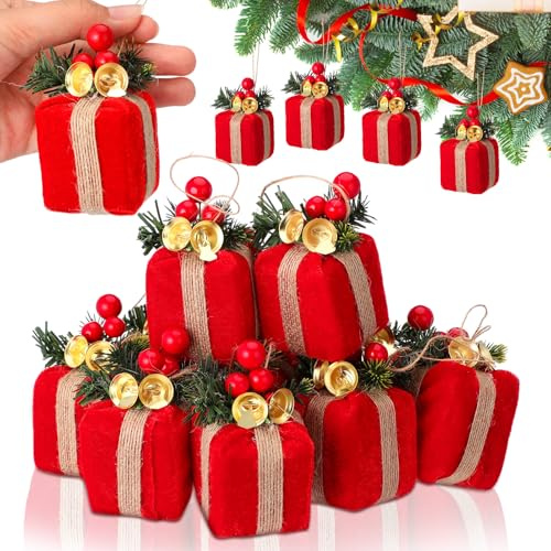 Panelee 12 Pcs Christmas Tree Mini Gift Boxes Velvet Christmas Tree Ornaments Vintage Present Decoration with Bells for Farmhouse Indoor Outdoor Xmas Party Holiday Decor(Red)
