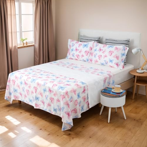 H HANSEL HOME Juego de Sábanas Cama 135cm 4 Piezas 100% Microfibra Transpirable Duradero Ultra Suave - Incluye 1 Encimera, 1 Bajera Ajustable, 2 Fundas de Almohada - Mariposa