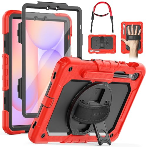 SEYMAC Coque pour Samsung Galaxy Tab S10 Lite /S10 FE/S9 FE 10.9''/ S9 11'' | Coque Antichoc Robuste avec Protecteur D'écran, Dragonne, Bandoulière, Support et Porte-Stylo, Rouge