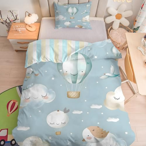 Parure de lit pour Enfant et BéBé Montgolfière Bleue - Housse de Couette 100x135 cm Rayures Nuages Réversible avec Taie d'oreiller 40x60 cm, Linge de Lit Bebe Doux pour Bebe/Tout-Petit