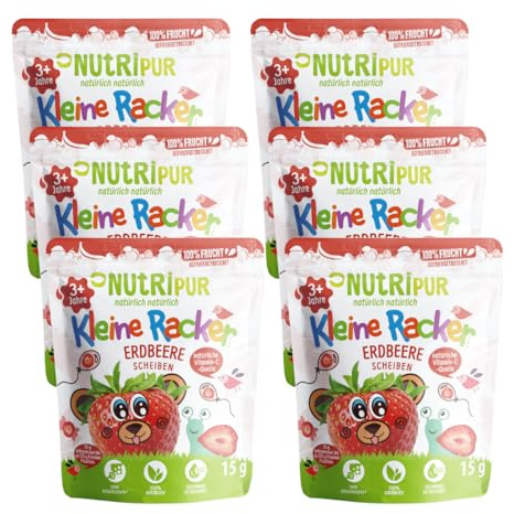 Nutripur Snack de frutas Kleine Racker – Fresa liofilizada | 100 % aperitivo de frutas para niños y adultos | chips de fresa sin azúcar añadido | vegano | aperitivo crujiente de frutas | 6 x 15 g
