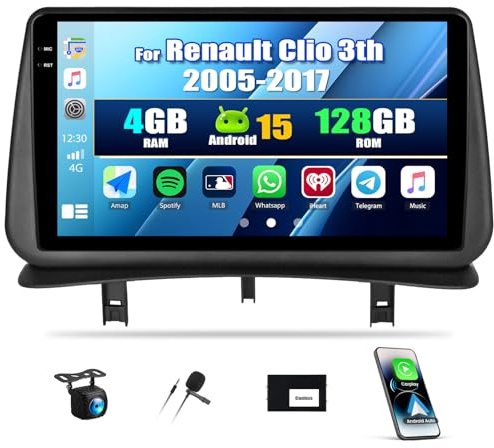 SIXWIN 4+128G Android 15 Radio Coche para Renault Clio 3th 2005-2017 con CarPlay&Android Auto&Mirrorlink,9 Pulgadas Pantalla Táctil con Bluetooth/WiFi/GPS/FM/RDS/USB+AHD Cámara