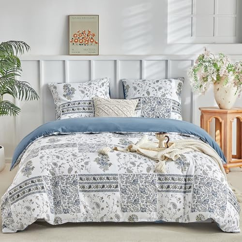 Tokokimo Bettwäsche 220x240 3teilig - Patchwork Blumenmuster Bohemi - Mikrofaser Bettbezug 220x240 für Doppelbetten mit 2 Kopfkissenbezüge mit Reißverschluss 80x80, Blau
