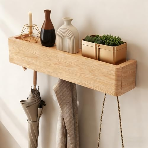 CycleCrew Solid Wood Wall Mounted Coat Rack with Shelf Hooks - Modern Floating Shelves with 5 Hidden Hooks, Heavy Duty Entryway Coat Key Holder Hanger for Hallway Bathroom Bedroom Home Decor