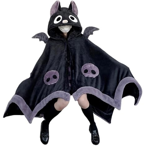 Coperta a mantello con cappuccio, con grazioso motivo di pipistrello, super morbida, indossabile, in pile, per adulti e bambini, accessorio per costume cosplay di Halloween, calda copertura con