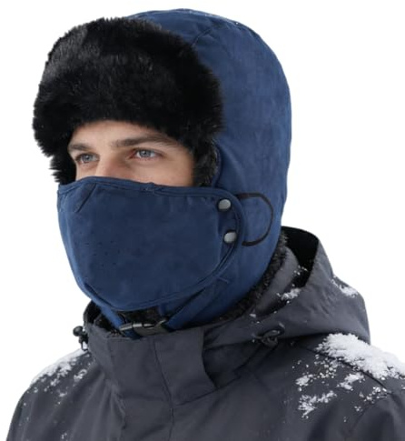 Magracy Warme Wintermütze mit Ohrenklappen aus Kunstfell, Trappermütze mit abnehmbarer Gesichtsabdeckung für Männer und Frauen, marineblau, Einheitsgröße