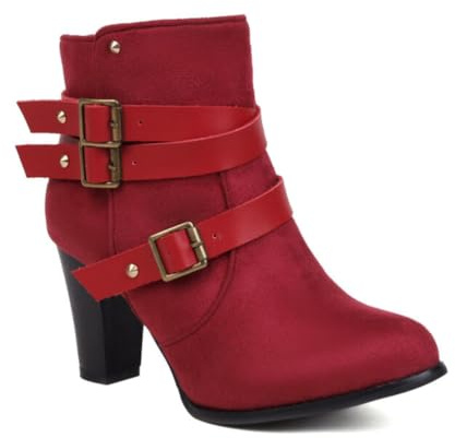 Genérico Botines Mujer Ante Tacón Grueso Bloque Detalle Múltiples Hebillas Slip On Cómodas Antideslizantes Duraderas para Noche Fiesta Casual,Rojo,38 EU