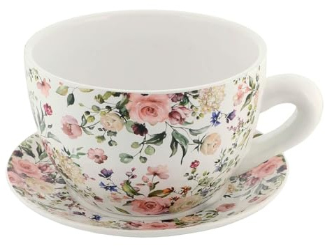 Azuma Teacup Planter with Saucer –Floral Rose Design Ceramic Pot for Herbs, Flowers & Bulbs – 24cm Indoor/Outdoor Use – Cottage Garden Gift for Gardeners Ceramic Cup & Saucer Design