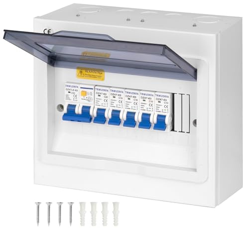 TRWUDRFA Coffret Electrique Etanche - Tableau électrique apparent d’interrupteur différentiel 63A et disjoncteurs 2x10A+2x16A+1x20A - Coffret de protection pour maison, bureau et centre commercial