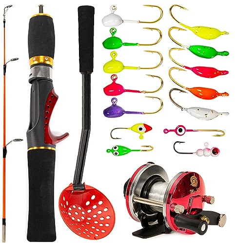 RASTKY Canna da Pesca Sul Ghiaccio e Mulinello Combinati con Resistente Struttura in Fibra di Vetro - Set Ideale per Avventure All'aria Aperta e Appassionati di Pesca Sul Ghiaccio