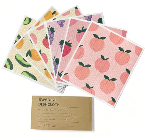 Swedish Dishcloth 6 Pack - Super Absorbent Reusable Compostable Dish Cloths, Biodegradable Cotton & Cellulose Cleaning Cloths for Dishes, Surfaces & Kitchen Use (Fruit Design)