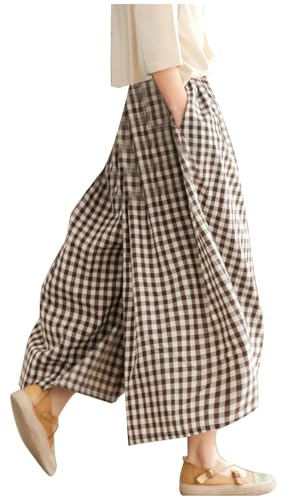 Womens Linen Trousers Wide Leg Culottes Pants Elastic Waist Plaid Gingham Capri Trousers Loose Flowy Baggy Lounge Palazzo Pants Casual Lightweight Cropped Trouser for Beach Holiday