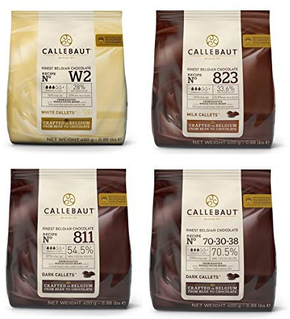 Callebaut 4 x 400g Bundle - Feinste Belgische Zartbitterschokolade, Dunkle, Milch & Weiße Schokolade Kuvertüre - Finest Belgian Chocolate (Callets) Packung mit 4 x 400g