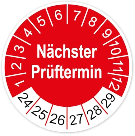 Prüfplaketten Feuerlöscher nächster Prüftermin 2024-2029 Prüfetikett Aufkleber Folie selbstklebend UVV 30mm rot R005 (30)