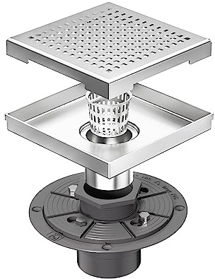 Neodrain 6-Inch Square Shower Drain with Removable Quadrato Pattern Grate, PVC Shower Drain Base and Rubber Gasket for Bathroom Floor Drain, Brushed 304 Stainless Steel, Includes Hair Strainer