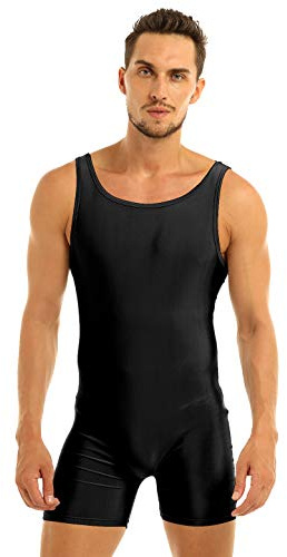 inlzdz Mens Spandex Bodysuit Dance Unitard Singlets Jumpsuit Body Shaper Fitness Sportswear Black XL