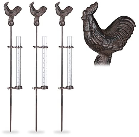 Relaxdays Regenmesser Hahn, Erdspieß, Niederschlagsmesser, 17 cm, 7 inch, Behälter Glas, Gartenstecker, Metall, bronze