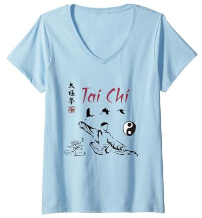 Femme Calligraphie Tai Chi / Taiji Art Chinois Classique T-Shirt avec Col en V