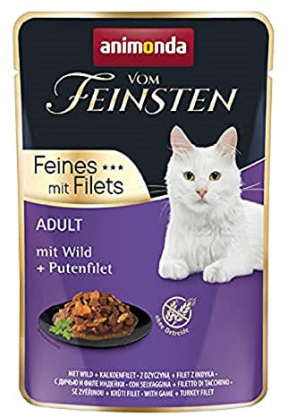animonda vom Feinsten mit Filets, Katzenfutter nass mit Wild + Putenfilet, 18 Portionsbeutel (18 x 85g), getreidefreies Katzen Nassfutter ohne Zucker, mit fleischigen Zutaten