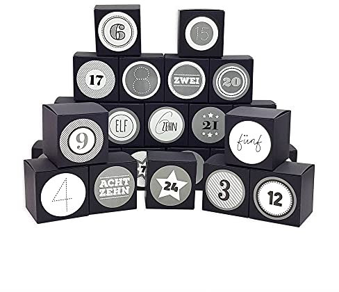 Frau WUNDERVoll® DIY Adventskalender Vorfreude zum Befüllen, 24 Faltschachteln matt schwarz 7(L)x7(B)x7(H)cm (gefaltet), XL Ziffern grau/Weihnachten, Aufkleber, Würfelbox, Faltverpackung, Schachteln
