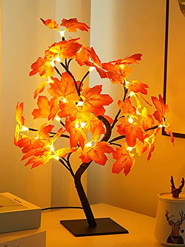 SFTYUFS Érable artificiel lumineux - Arbre d'automne lumineux - Arbre de Thanksgiving - 45,7 cm - 24 LED - Pour cadeaux de fête de mariage - Intérieur et extérieur - Récolte d'automne - Décoration