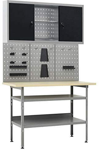 Werkbank mit 3 Stecktafeln & 1 Wandschrank, Holzähnlicher Maserung Tischplatte, Höhenverstellbare Füße, Werktisch Werkstatttisch Arbeitstisch, Metallgestell, Tragekapazität 300kg