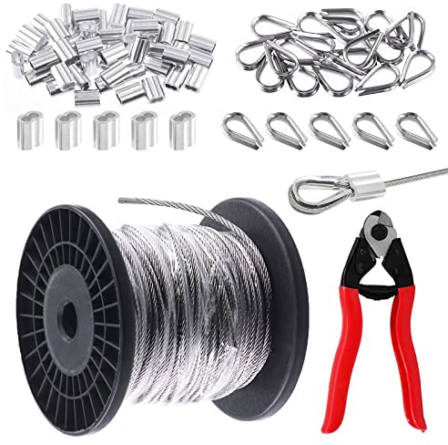 Swpeet 72Pcs 304 Stainless Steel Wire Rope Aircraft Bicycle Cable Cutter and 150ft Stainless Steel Wire Rope Deck Railing Cable, Cable Rope Cable Thimbles and Aluminum Crimping Loop Sleeve for Deck