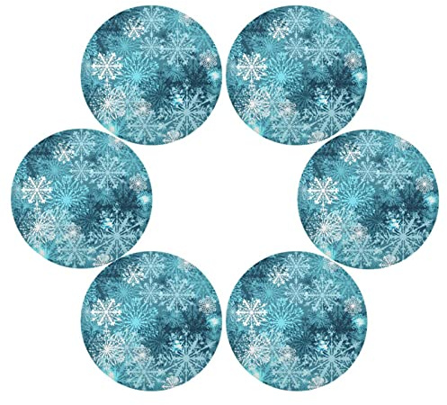 Juego de 6 Salvamanteles Individuales Redondos de Copo de Nieve Azul Azulado y Blanco para Mesa de Cocina, Manteles Individuales Lavables de Cocina, Bajoplatos de Mesa