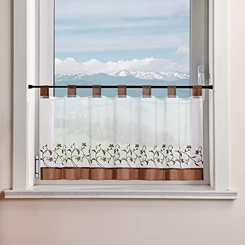 Delien Voile Scheibengardine mit Schlaufen Kurzstores Modern Transparente Bistrogardinen Küchengardinen Landhaus mit Blumenstickerei Klein Fenster Gardinen Kurz BxH 120x30cm,Braun