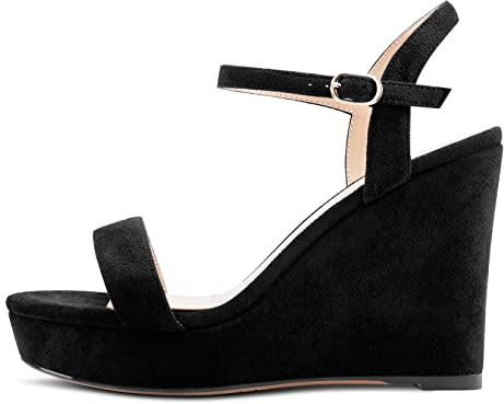 NobleOnly Femmes Haut High Talon Heel Compensé Plate-forme Lanières Cheville Sandales Slingback Ouvert Bout Sexy Cute Party 10 CM Heels Noir Suède 38 EU