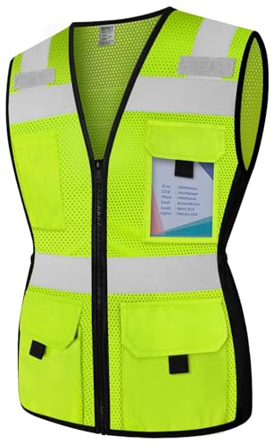 TCCFCCT Women High Visibility Vest 11 Pockets Snug-Fit Reflective Safety Vest with Reinforced Zipper, Neon Construction Work Vest for Lady Surveyors/Workers, Durable,Meets ANSI, Yellow L