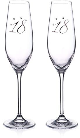 DIAMANTE 18th Birthday Champagne Flute – Set of 2 Crystal Champagne Glasses with Platinum 18 Embossed and Crystals – Gift Boxed