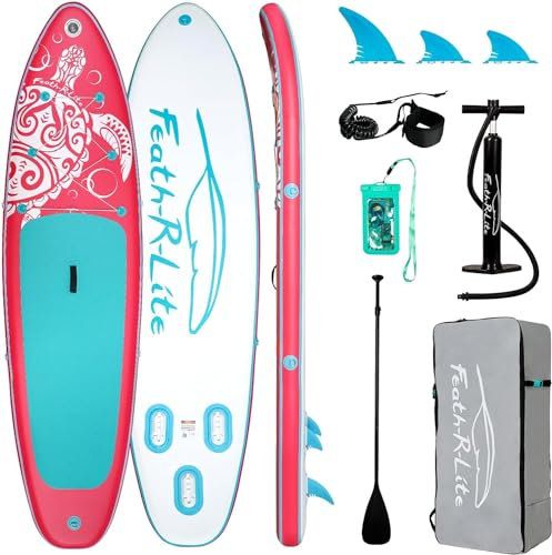 FEATH-R-LITE Aufblasbares Stand Up Paddle Board Surfbrett SUP Komplettes Paddleboard Zubehör Verstellbares Paddel, Pumpe, ISUP Reiserucksack, Leine, wasserdichte Tasche, Erwachsene Paddelboard