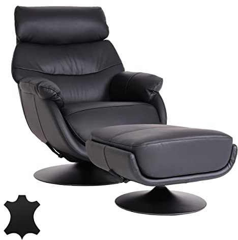 Mendler Relaxsessel mit Hocker HWC-K99 Echtleder/Kunstleder - schwarz | Fernsehsessel, Sessel, Wippfunktion, drehbar