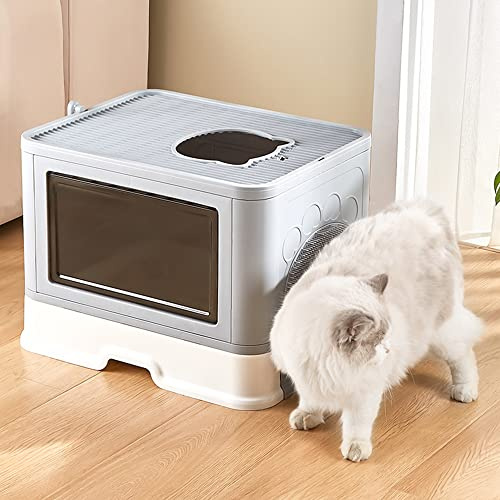 Caja de Inodoro Plegable para Gatos con Entrada Delantera y Salida Superior XXL Extra Grandes con bandejas, Tapa y Pala para Mascotas 48,5 * 36,5 * 38 cm- Gris