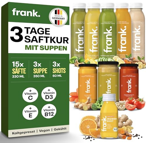 Frank Juice Saftkur 3 Tage mit Suppe, Kaltgepresst & Vegan, HPP-verarbeitet | 15x 330 ml Säfte + 3x 350 ml Suppen + 3x 60 ml Ingwer Shots | aus frischem Obst und Gemüse | Einwegpfand im Preis enthalten