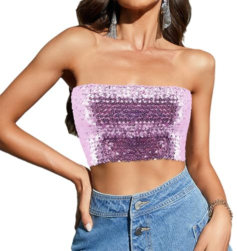 Naimo Top con lentejuelas brillantes para mujer, con hombros descubiertos, sin tirantes, blusa de fiesta, parte superior, Lila Rosa., Tallaúnica